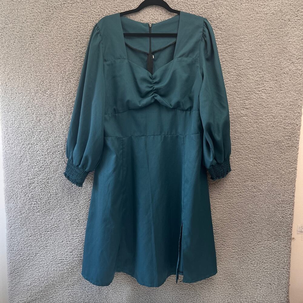XL Dress Dark Teal Long sleeve Square neck Women Outfit Midi Zipper Party Work